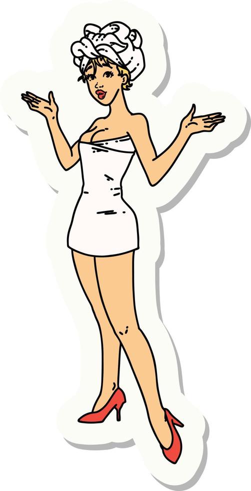 sticker of tattoo in traditional style of a pinup girl in towels vector