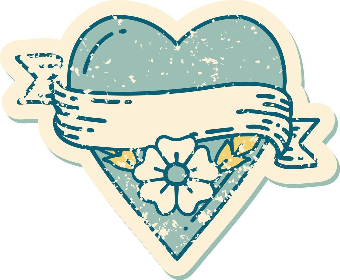 iconic distressed sticker tattoo style image of a heart flower and banner vector