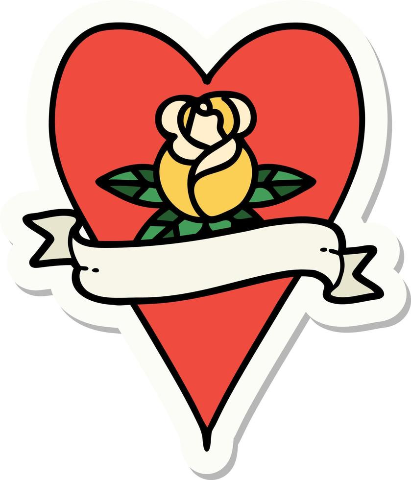 pegatina de tatuaje al estilo tradicional de una rosa de corazón y pancarta vector