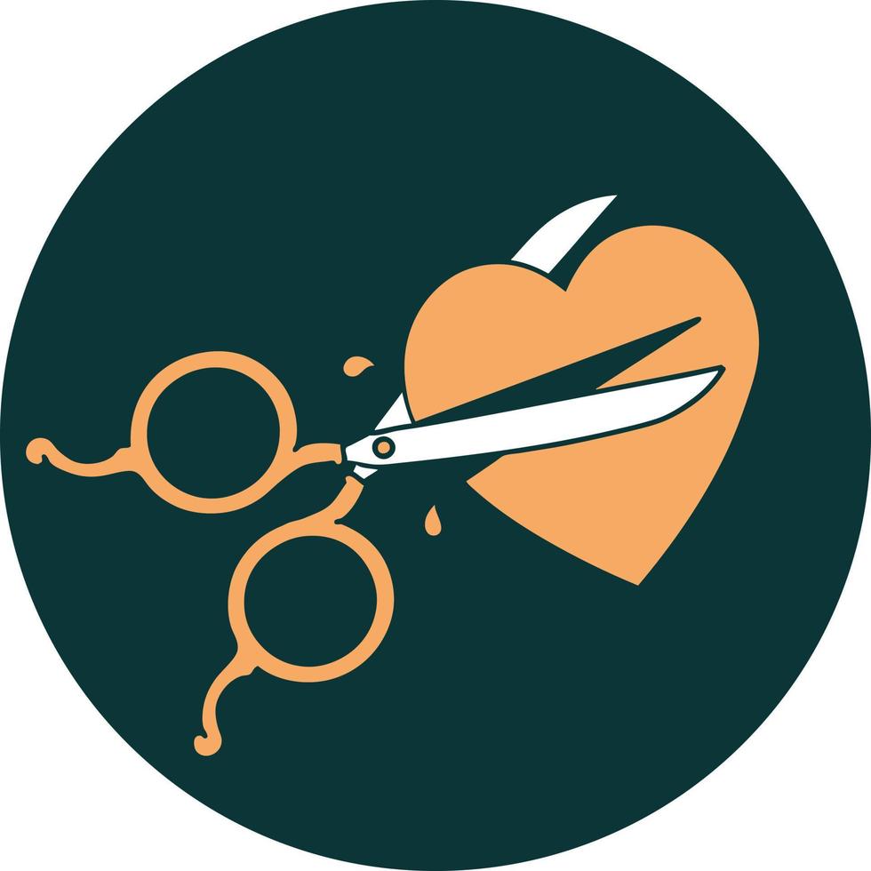 iconic tattoo style image of scissors cutting a heart vector