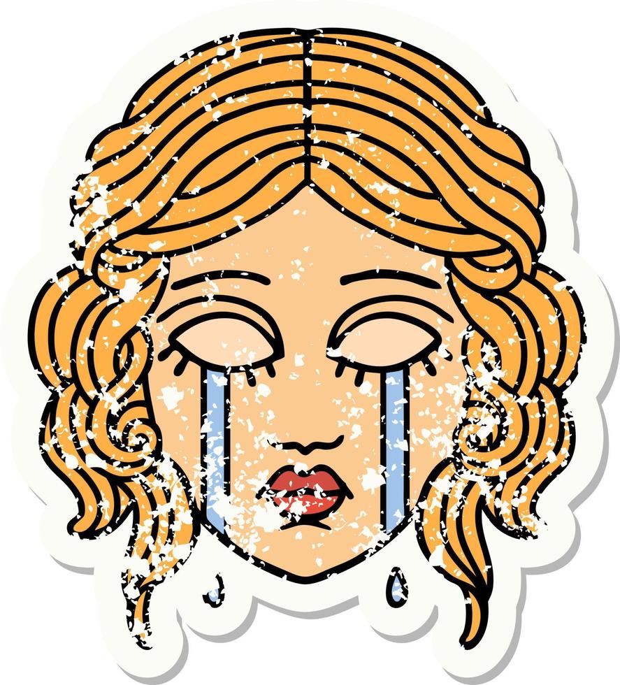 distressed sticker tattoo in traditional style of female face crying vector