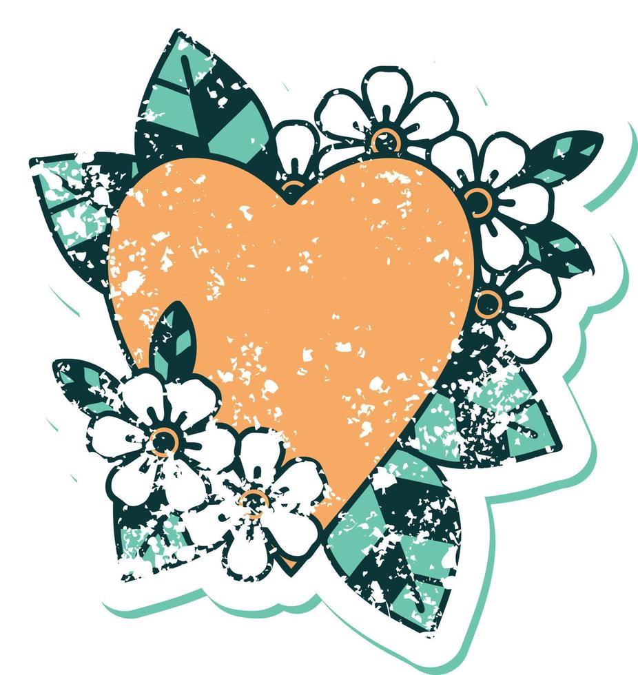 iconic distressed sticker tattoo style image of a botanical heart vector