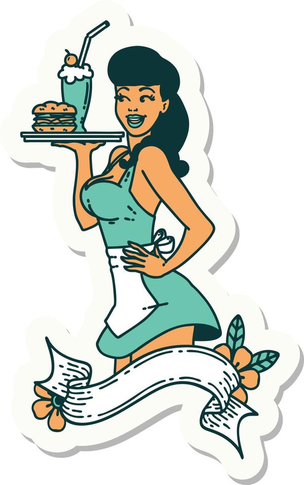 sticker of tattoo in traditional style of a pinup waitress girl with banner vector