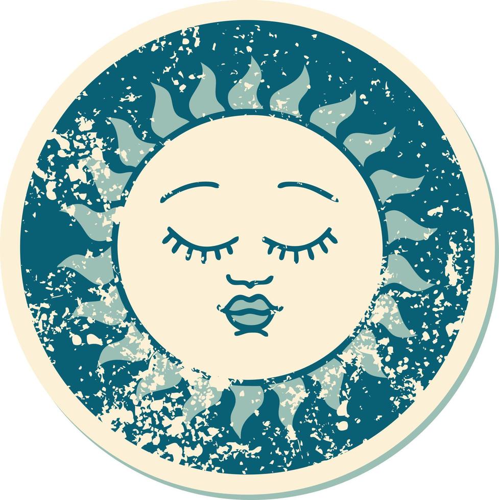 iconic distressed sticker tattoo style image of a sun with face vector