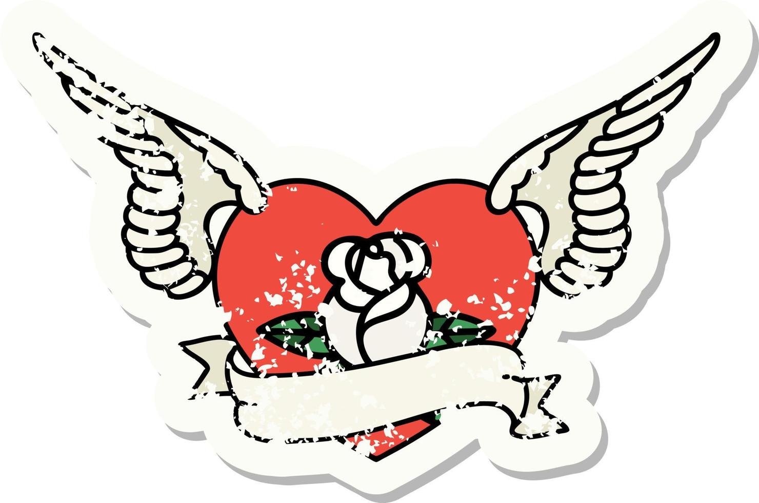 distressed sticker tattoo in traditional style of a flying heart with flowers and banner vector