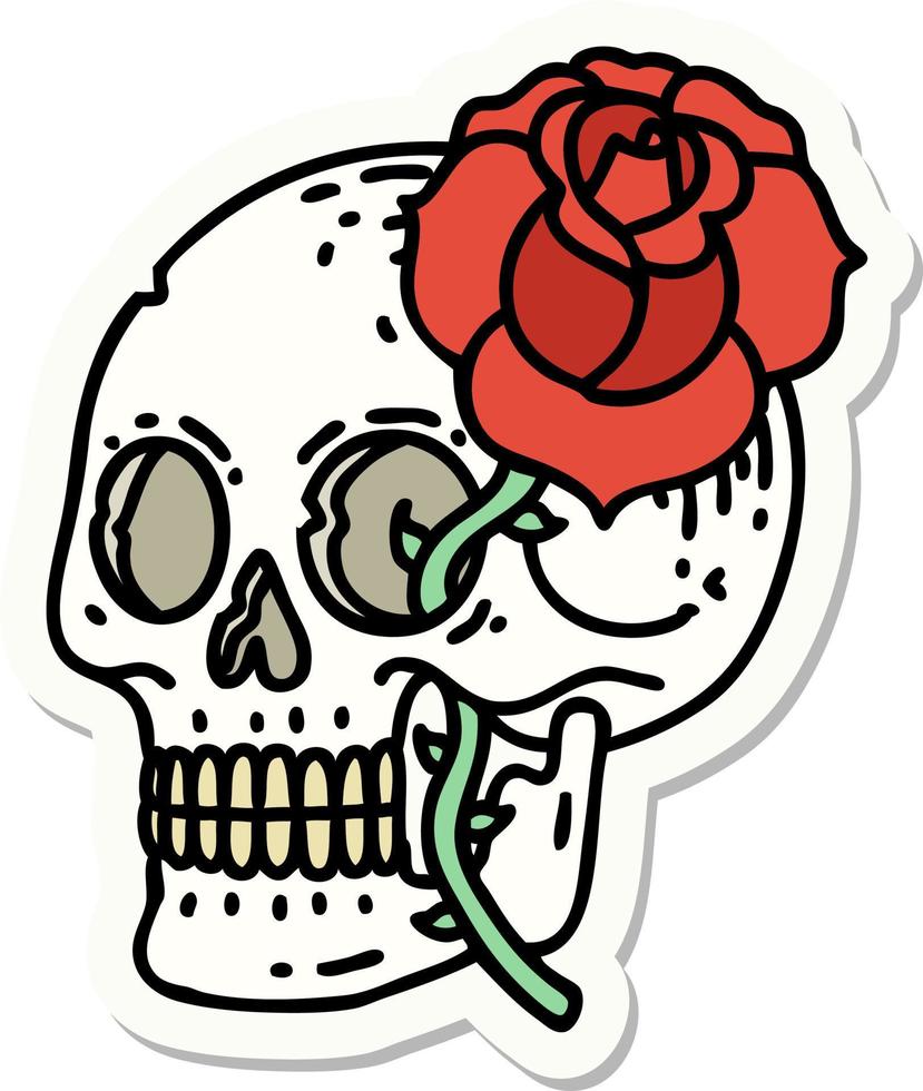 pegatina de tatuaje al estilo tradicional de una calavera y una rosa vector