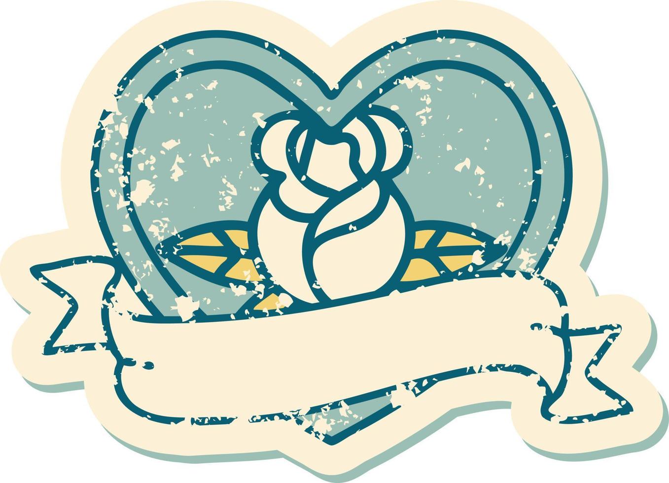 icónica imagen de estilo de tatuaje de pegatina angustiada de una rosa de corazón y pancarta vector