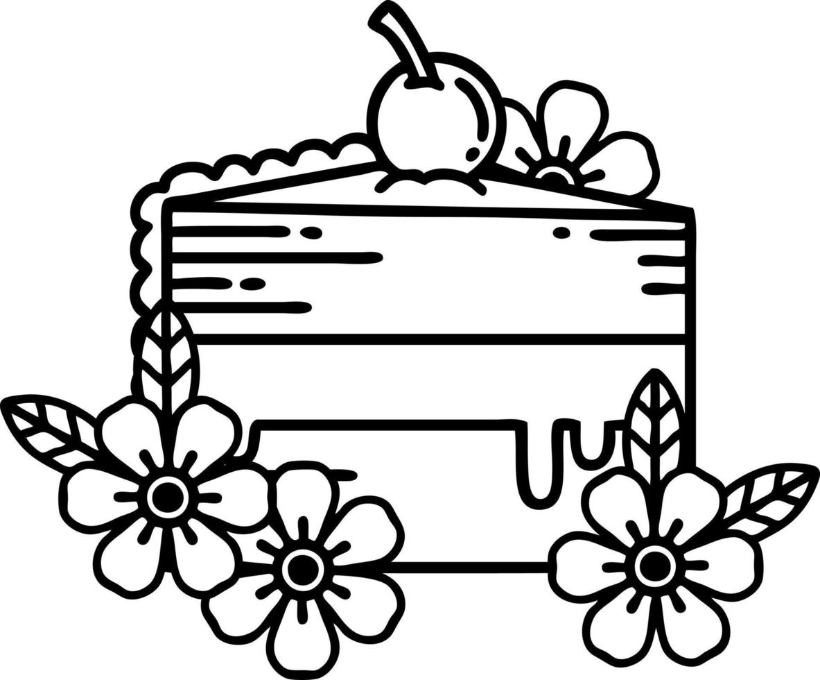tatuaje en estilo de línea negra de una rebanada de pastel y flores vector