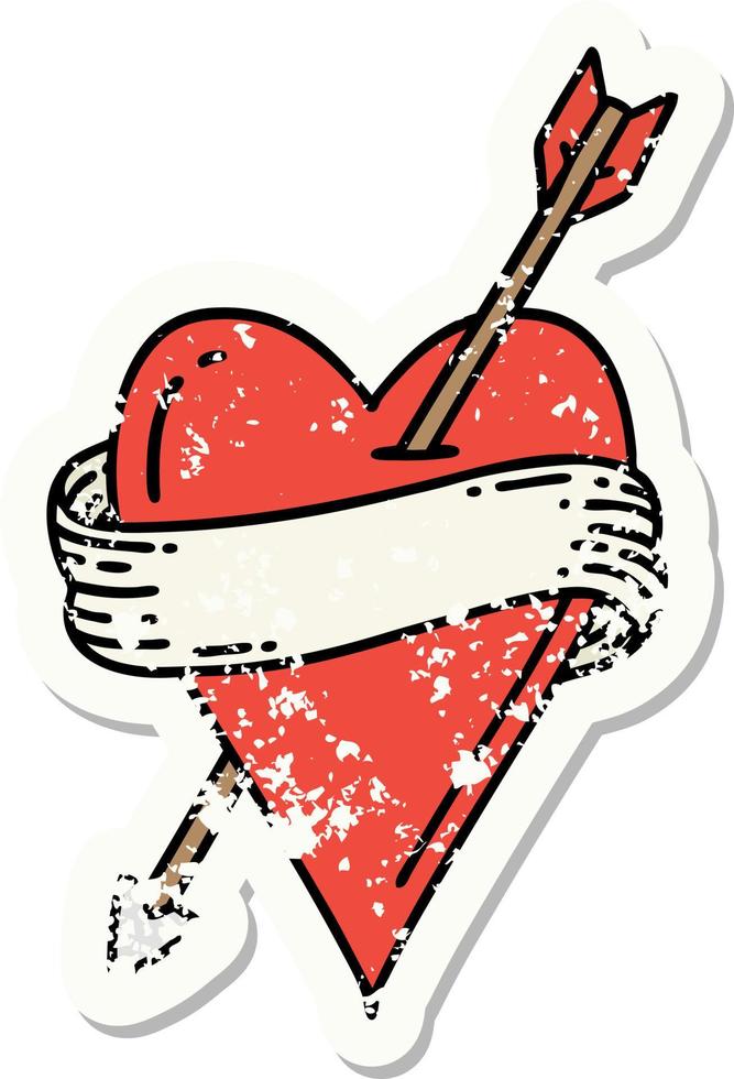 distressed sticker tattoo in traditional style of an arrow heart and banner vector