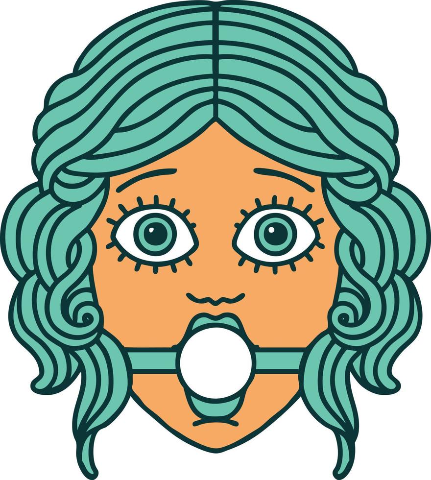iconic tattoo style image of female face wearing a ball gag vector