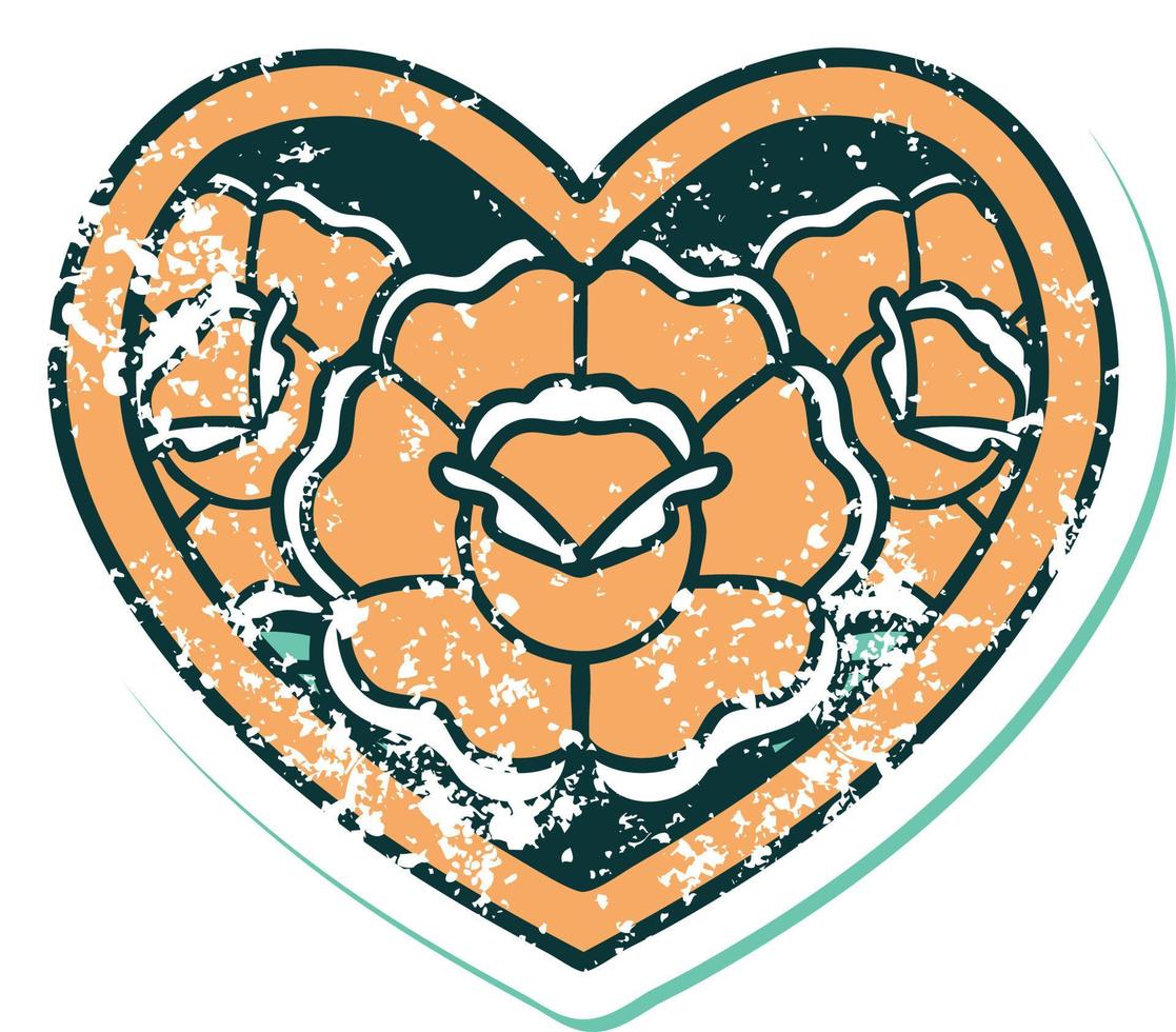 icónica imagen de estilo de tatuaje de pegatina angustiada de un corazón y flores vector