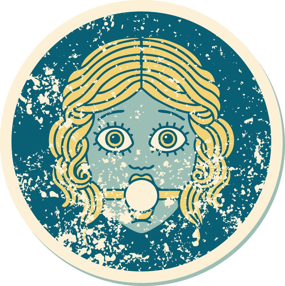 iconic distressed sticker tattoo style image of female face wearing a ball gag vector