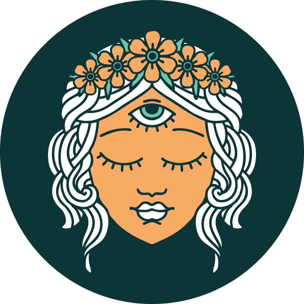 iconic tattoo style image of female face with third eye and crown of flowers vector