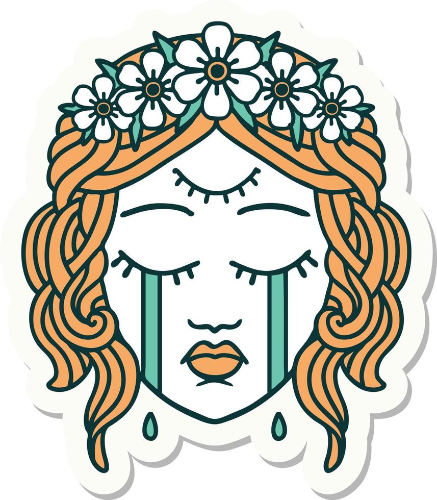 pegatina de tatuaje al estilo tradicional de rostro femenino con tercer ojo y corona de flores llorando vector