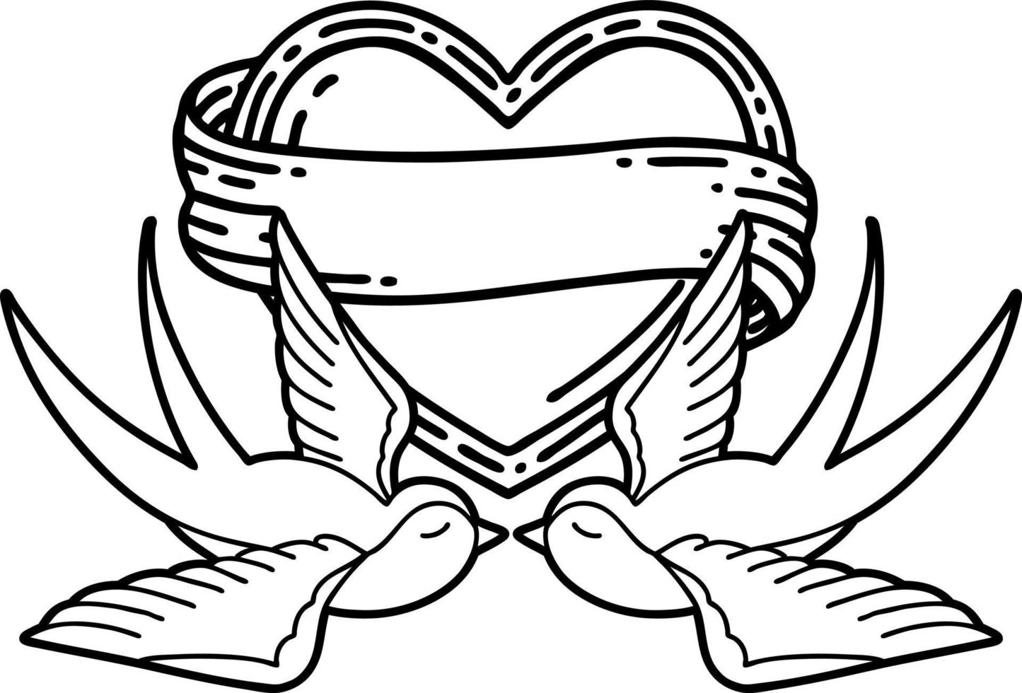 tatuaje en estilo de línea negra de golondrinas y un corazón con pancarta vector