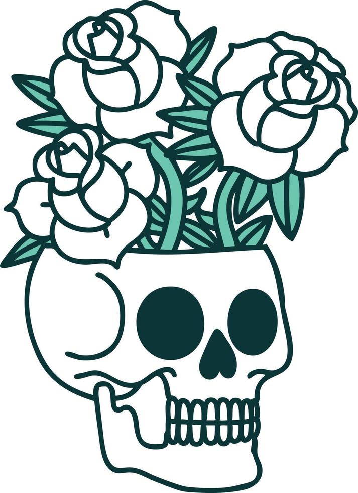 iconic tattoo style image of a skull and roses vector