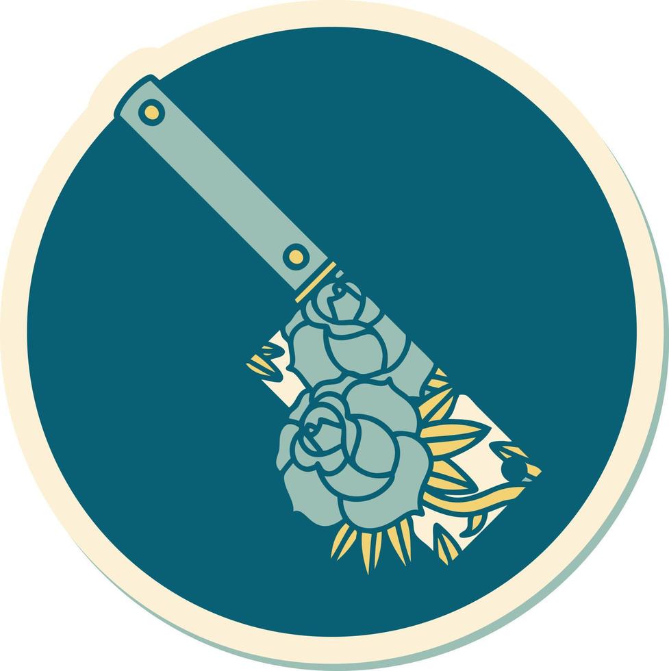 sticker of tattoo in traditional style of a cleaver and flowers vector