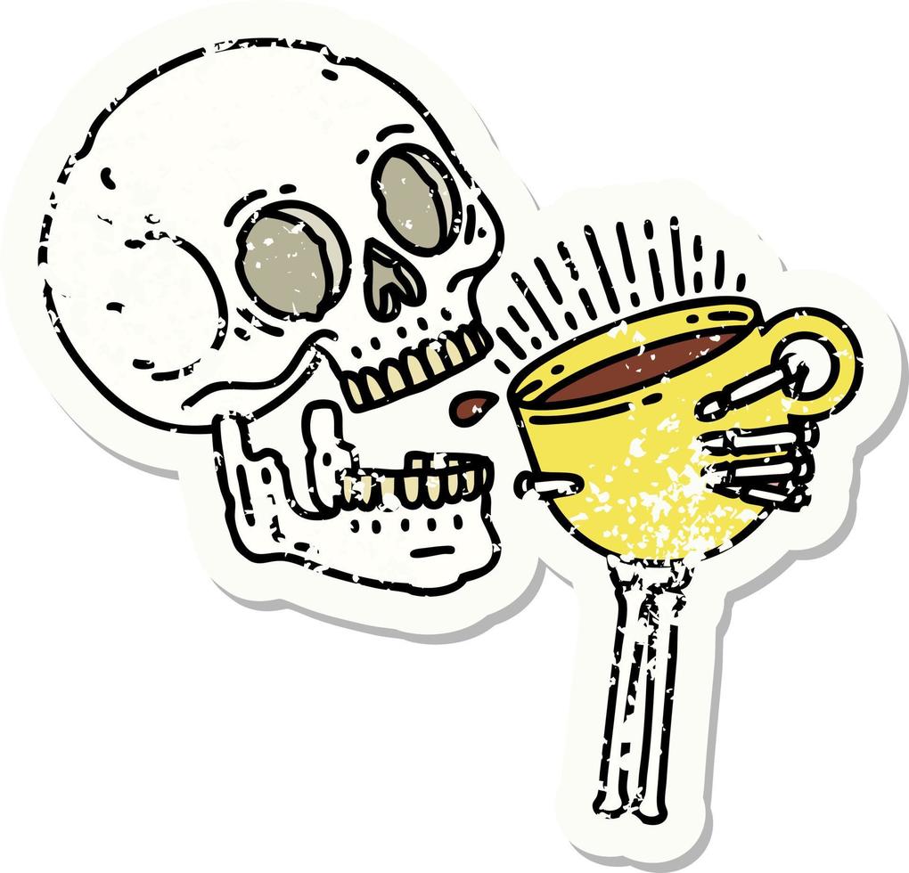 distressed sticker tattoo in traditional style of a skull drinking coffee vector