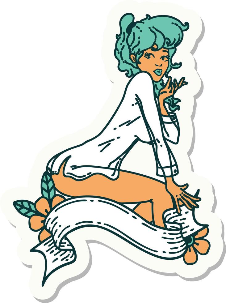 sticker of tattoo in traditional style of a pinup girl wearing a shirt with banner vector