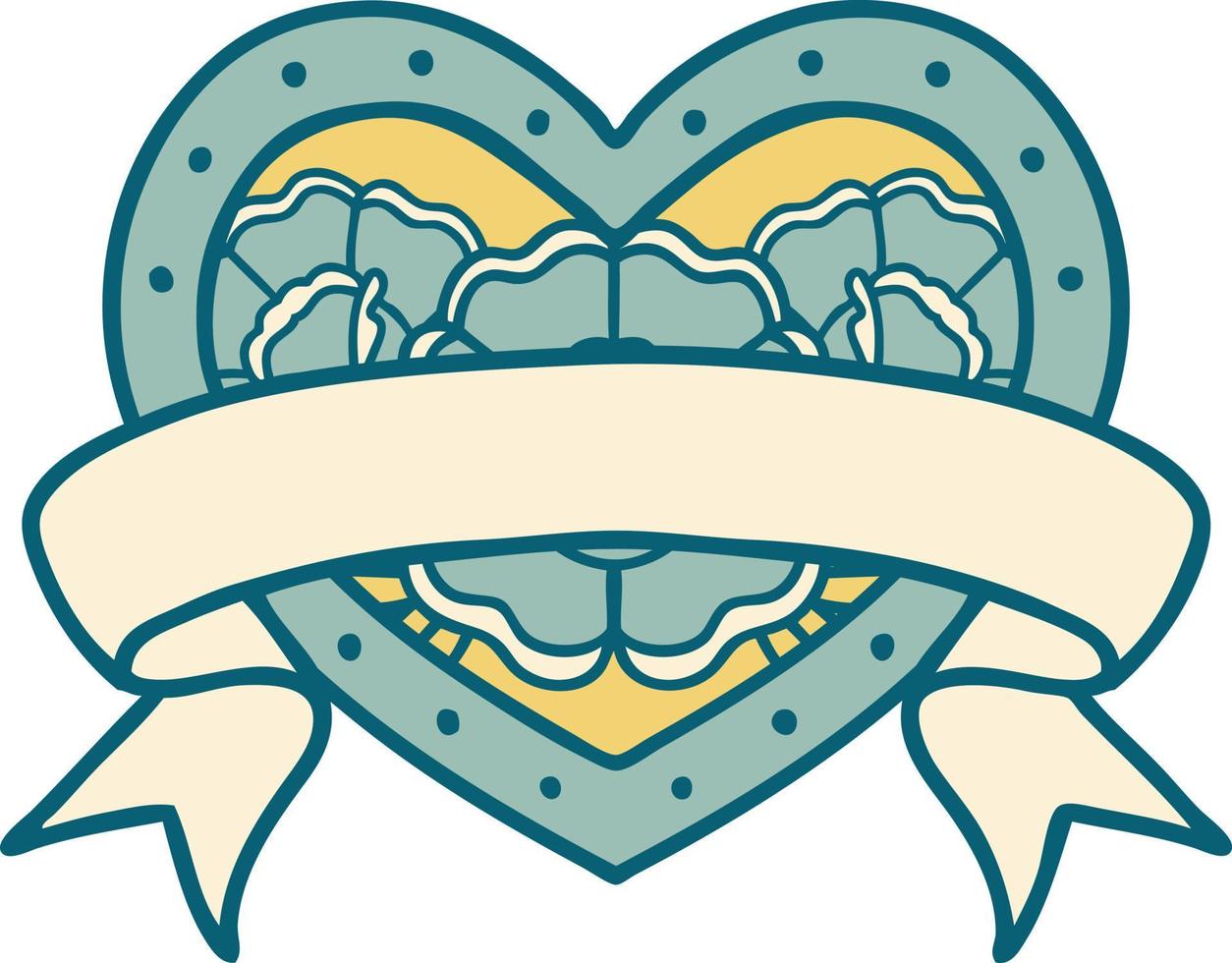 iconic tattoo style image of a heart and banner with flowers vector