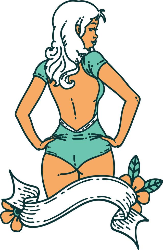 tattoo in traditional style of a pinup swimsuit girl with banner vector