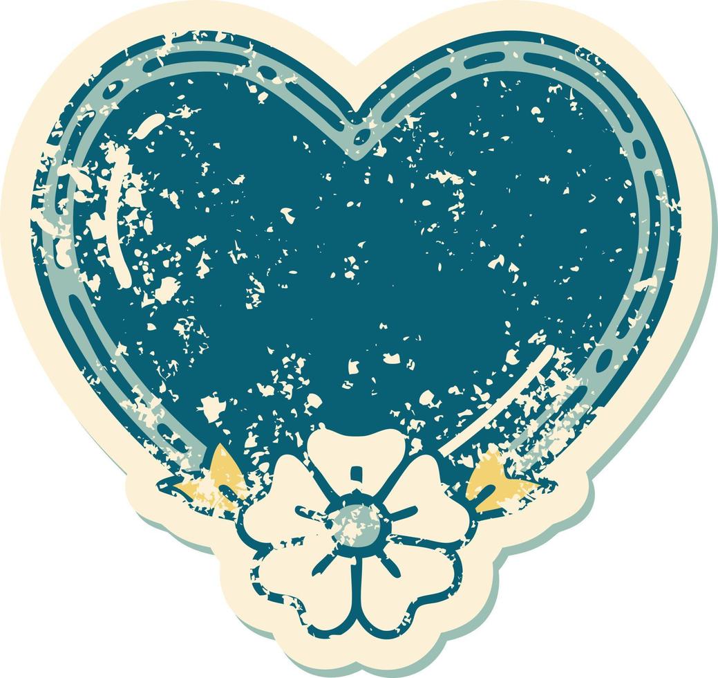 iconic distressed sticker tattoo style image of a heart and flower vector