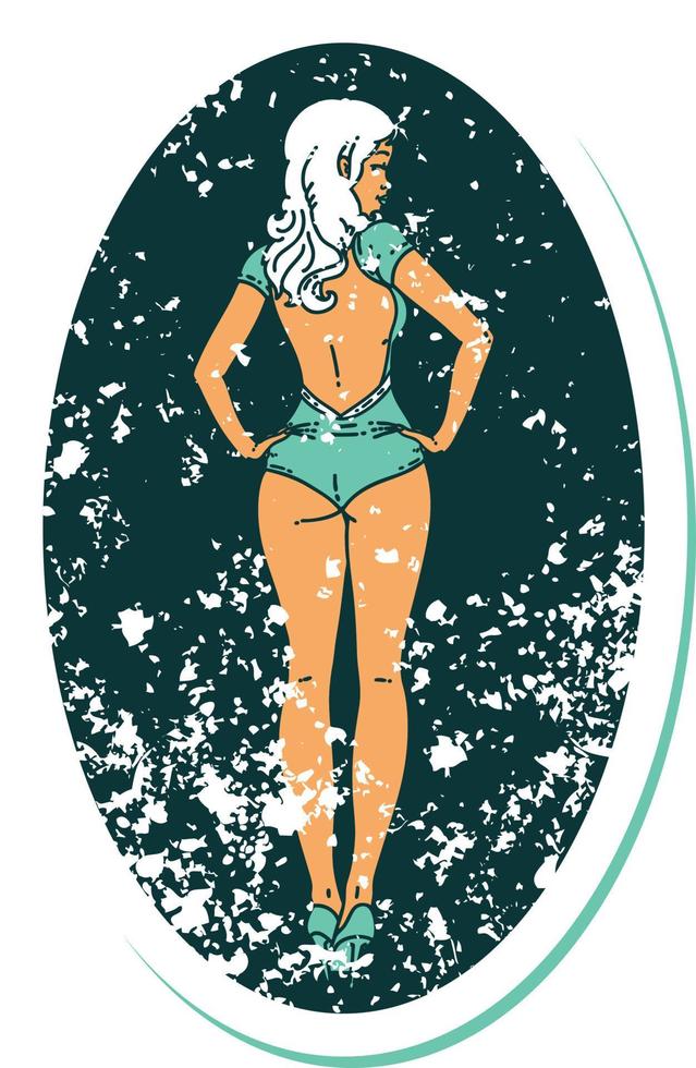 distressed sticker tattoo in traditional style of a pinup swimsuit girl vector