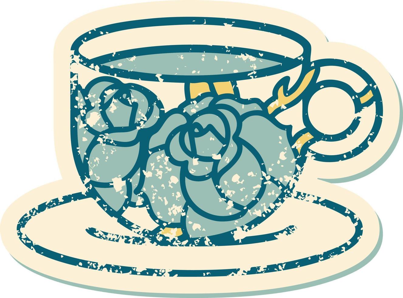 iconic distressed sticker tattoo style image of a cup and flowers vector