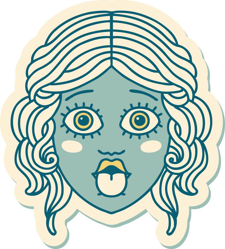 sticker of tattoo in traditional style of female face sticking out tongue vector