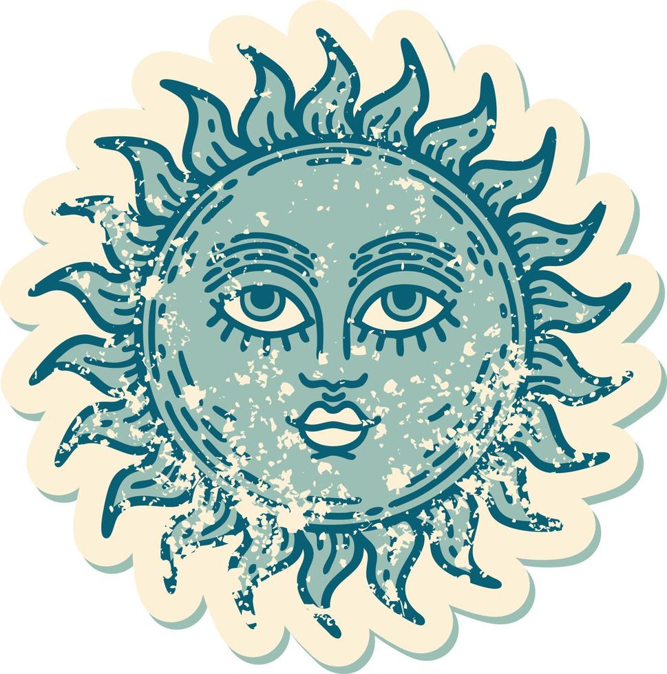 iconic distressed sticker tattoo style image of a sun with face vector