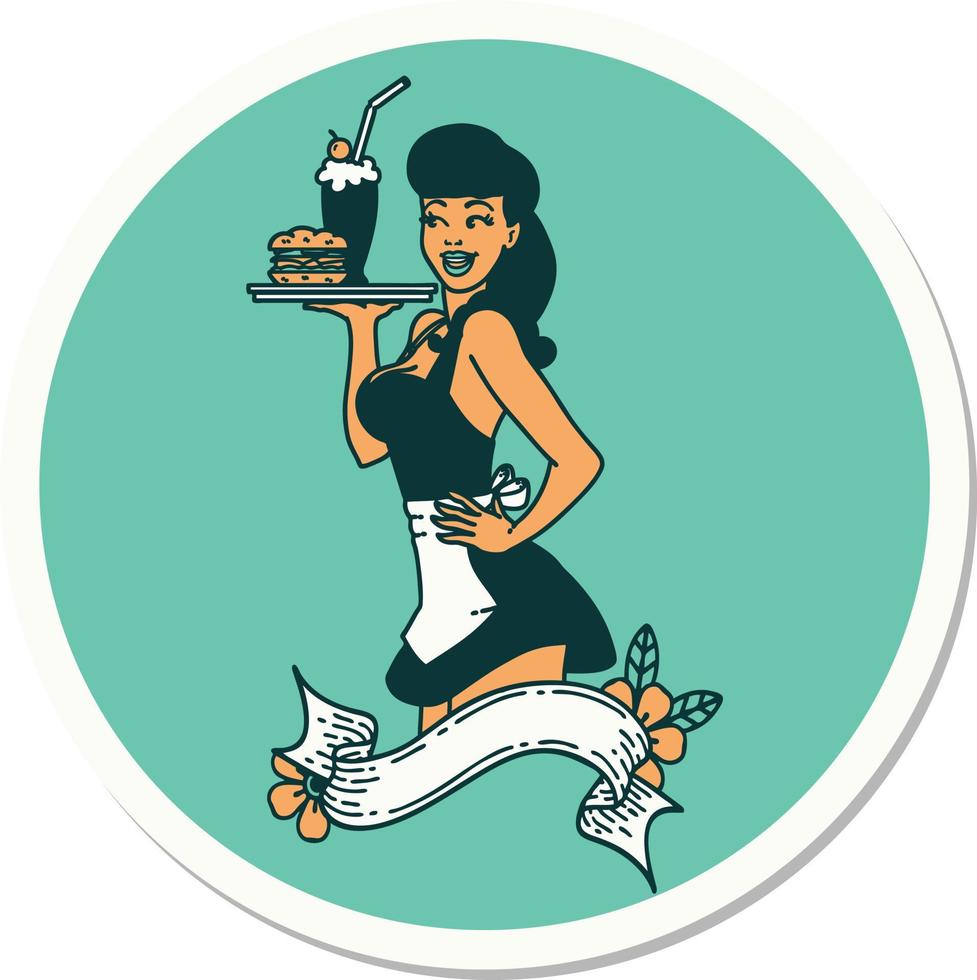 sticker of tattoo in traditional style of a pinup waitress girl with banner vector