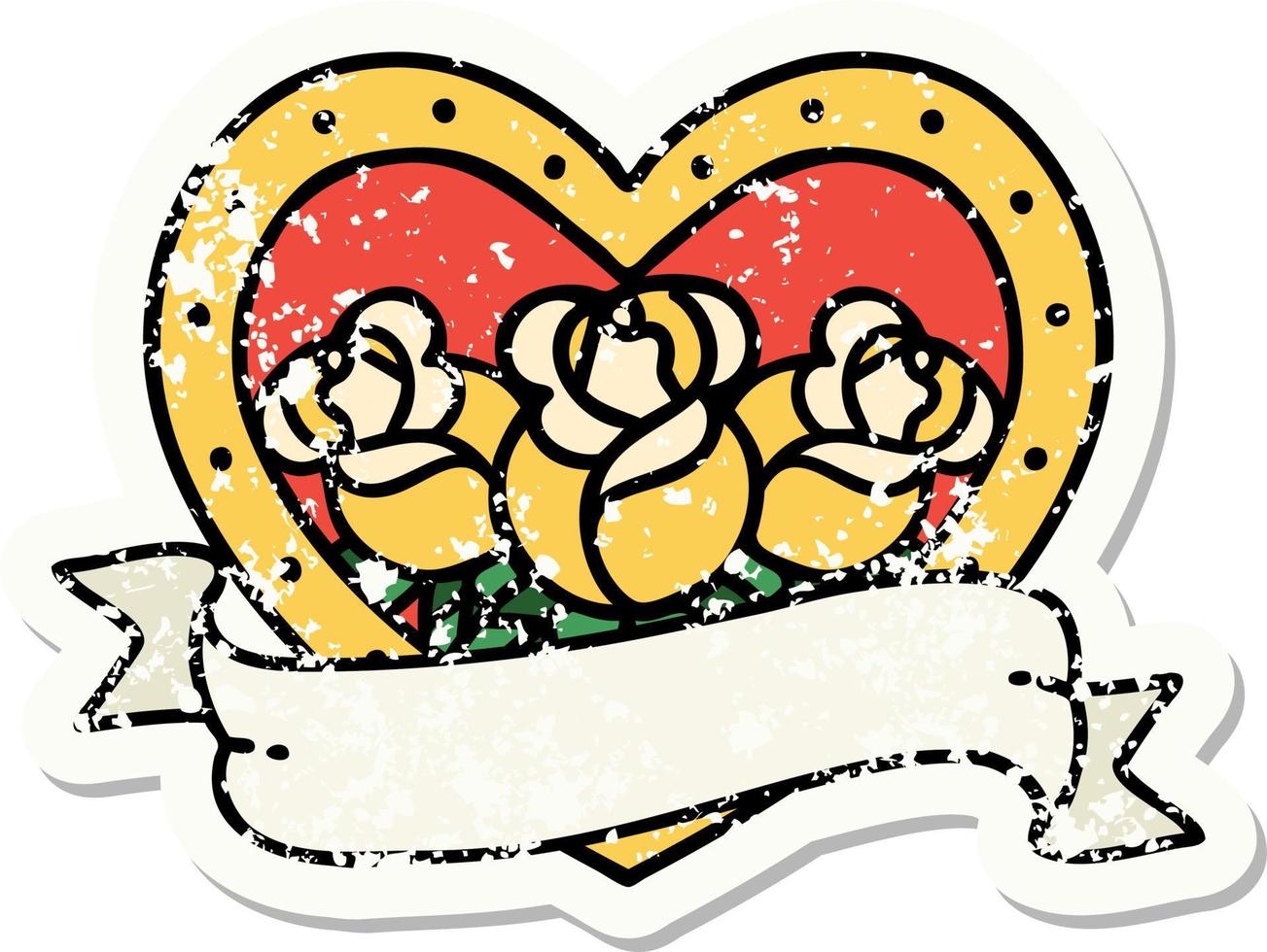 distressed sticker tattoo in traditional style of a heart and banner with flowers vector