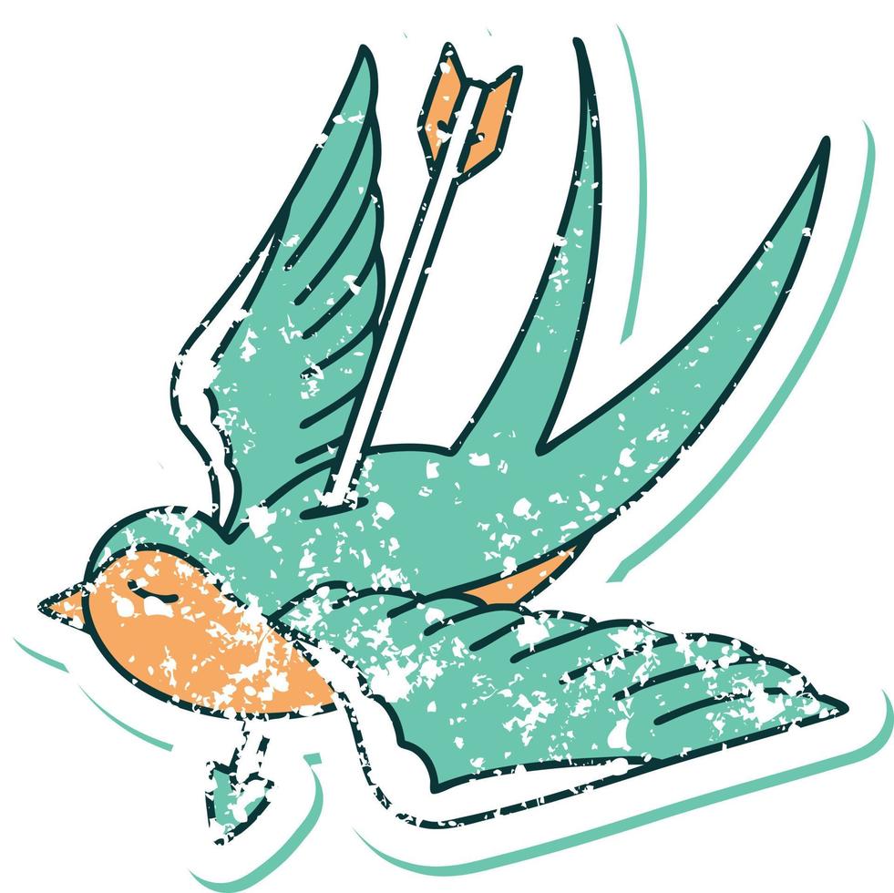 iconic distressed sticker tattoo style image of a swallow shot through with arrow vector
