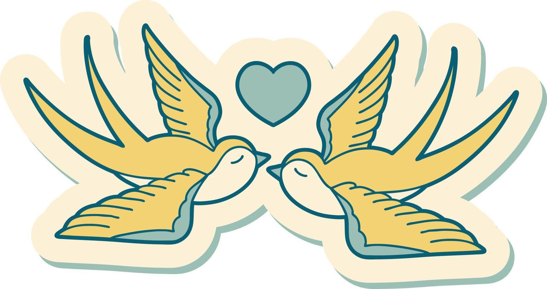 sticker of tattoo in traditional style of swallows and a heart vector