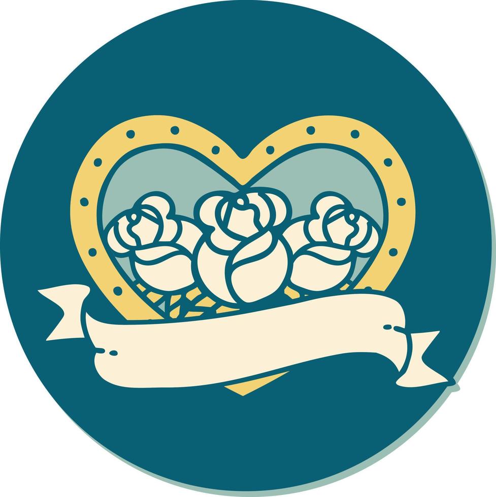 sticker of tattoo in traditional style of a heart and banner with flowers vector