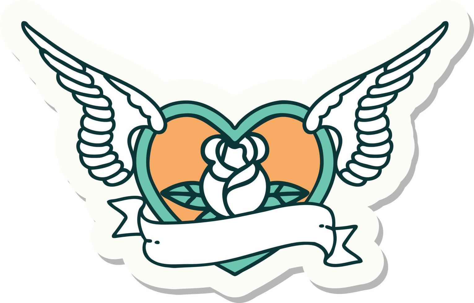 sticker of tattoo in traditional style of a flying heart with flowers and banner vector