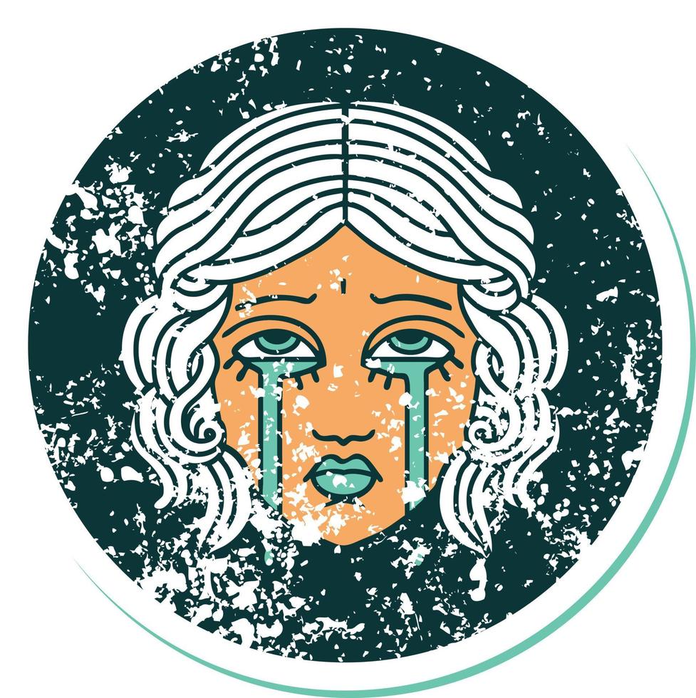 iconic distressed sticker tattoo style image of female face crying vector