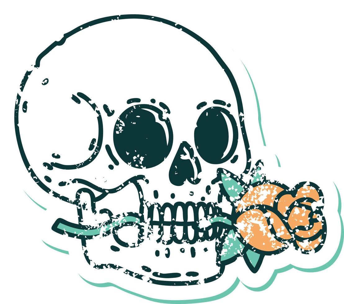 iconic distressed sticker tattoo style image of a skull and rose vector