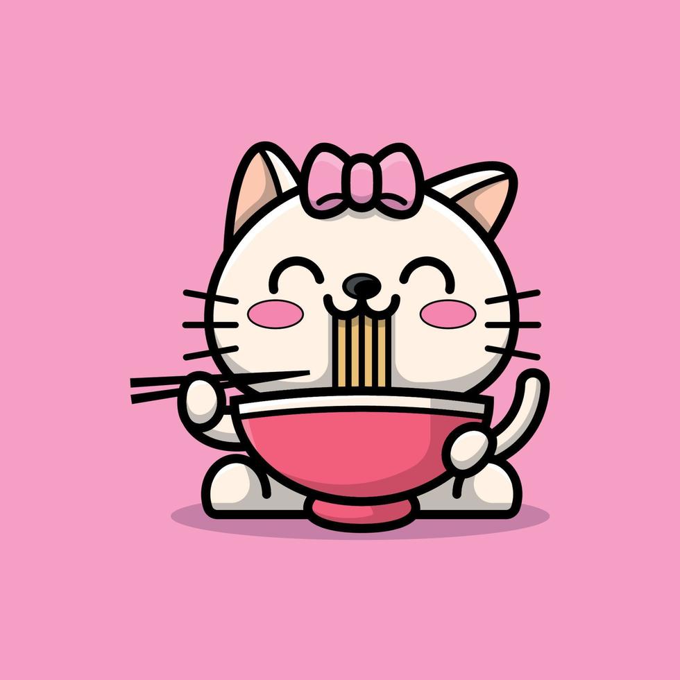 un lindo gato blanco está comiendo un tazón de ilustración de dibujos animados de fideos ramen vector