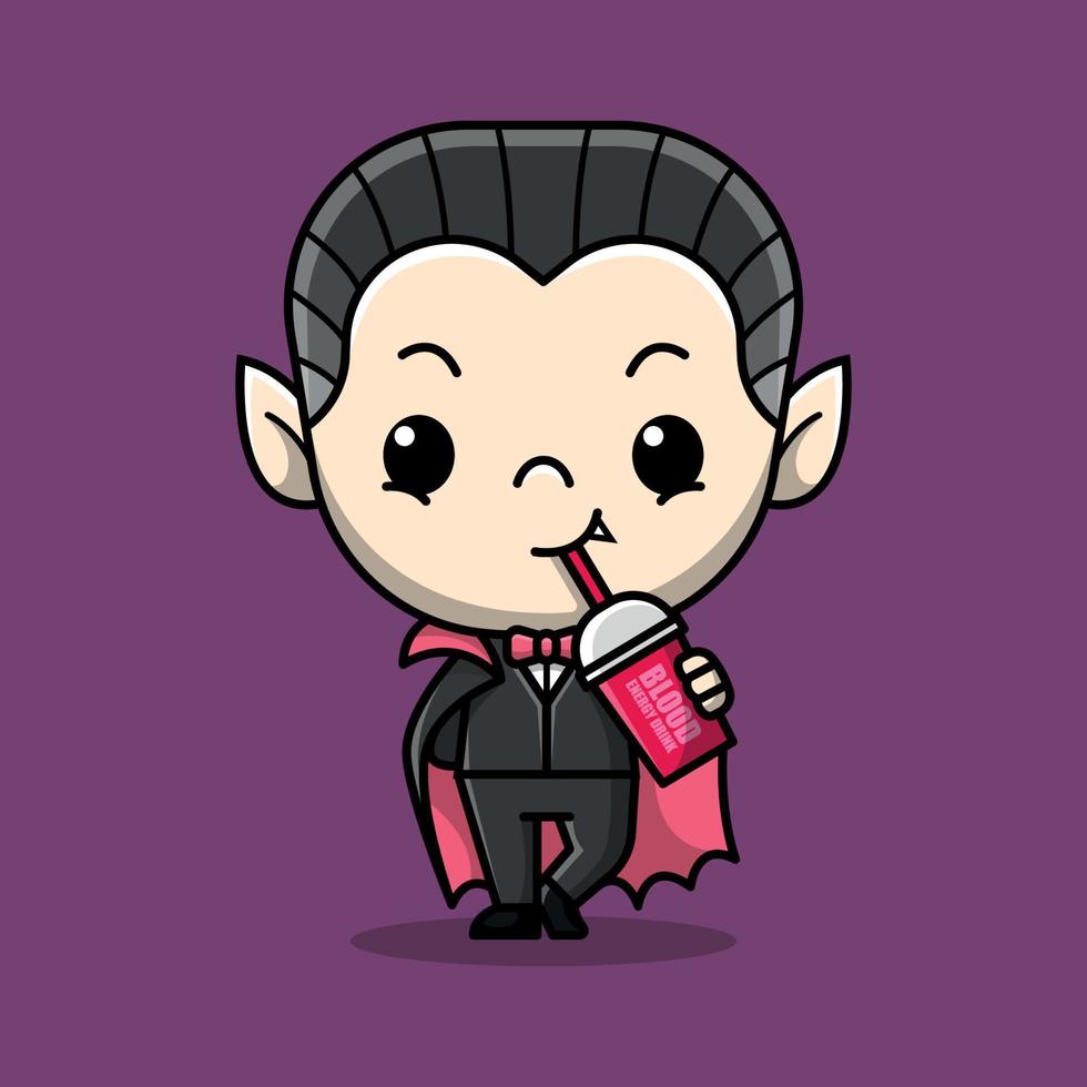 SCARY DRACULA IS DRINKING A CUP OF BLOOD CARTOON ILLUSTRATION vector