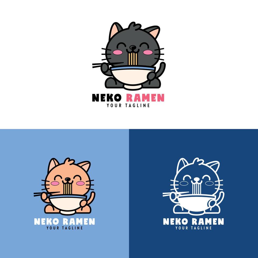 lindo gato está comiendo la colección de logotipos de fideos ramen. vector