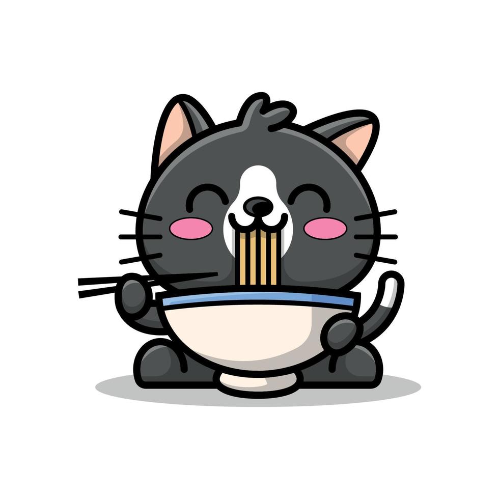 un lindo gato negro está comiendo un tazón de ilustración de dibujos animados de fideos ramen vector