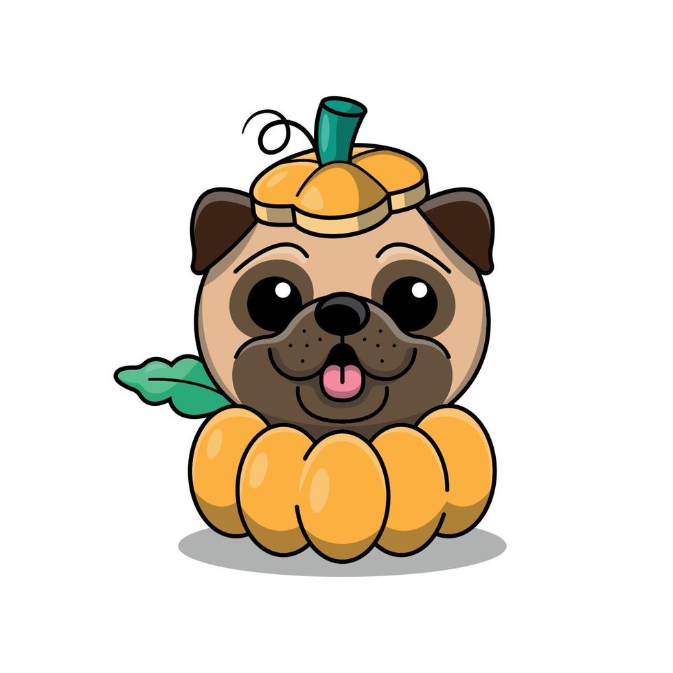 THE CUTE PUG IS WEARING A PUMPKIN COSTUME CARTOON ILLUSTRATION vector