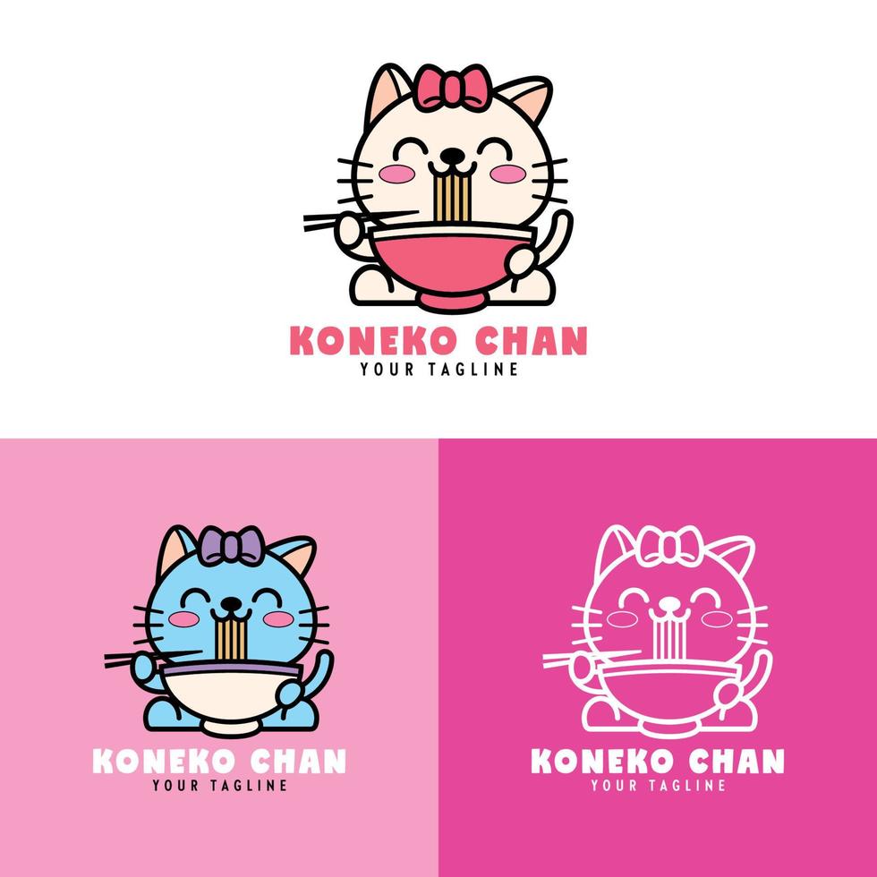 lindo gato con una cinta en la cabeza está comiendo la colección de logotipos de fideos ramen vector