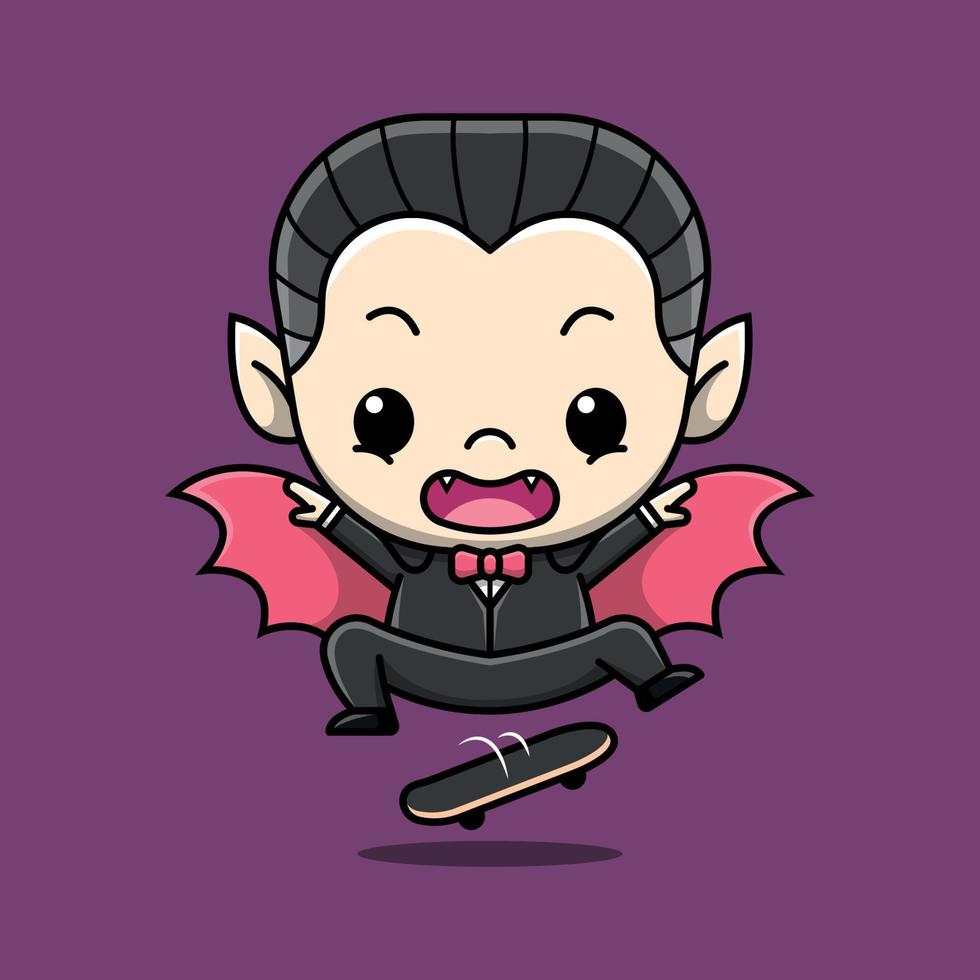 SCARY DRACULA IS JUMPING ON A SKATE BOARD CARTOON ILLUSTRATION vector