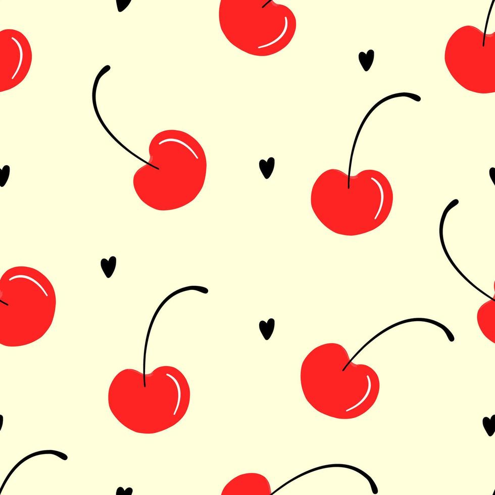 lindo patrón sin costuras con cerezas y corazones. patrón de cereza romántico. diseño de bayas jugosas para textiles, telas. ilustración vectorial dibujada a mano vector