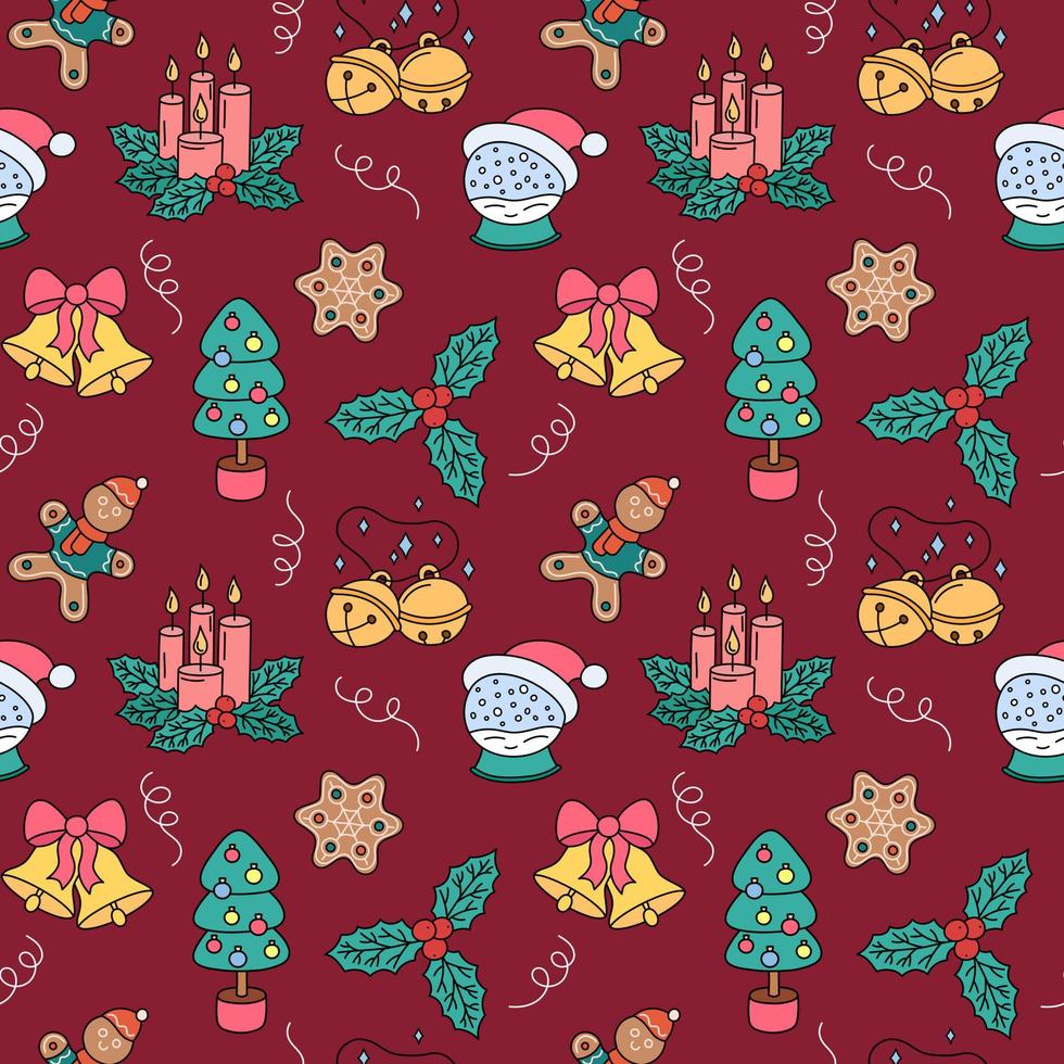Christmas pattern. Vector colorful doodle seamless background with outline hand drawn Christmas holiday elements. Xmas design objects. Repeat illustration with holly, bells, tree