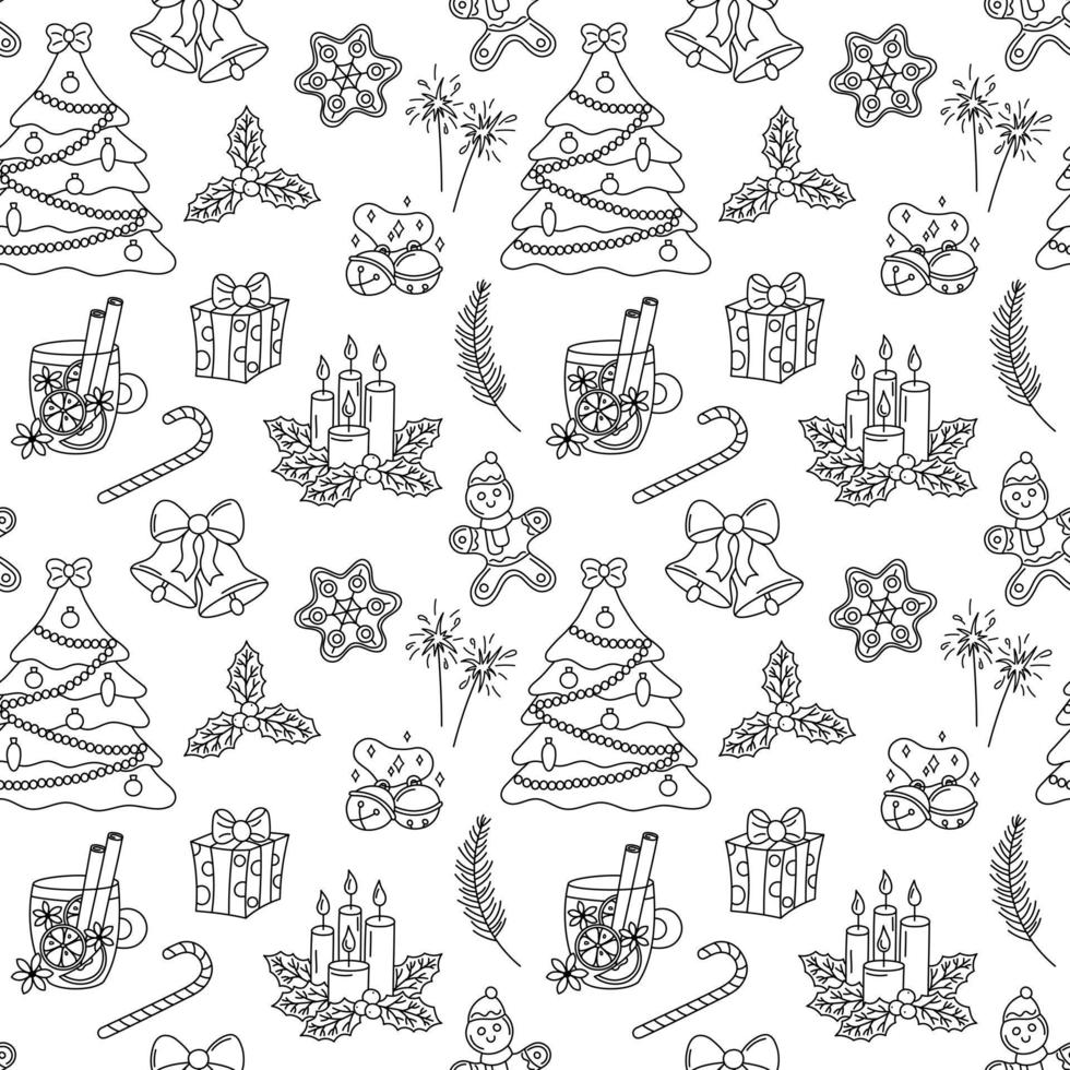 Christmas doodle pattern. Vector seamless black and white background with outline hand drawn Christmas holiday elements. Xmas design objects. Doodle repeat illustration