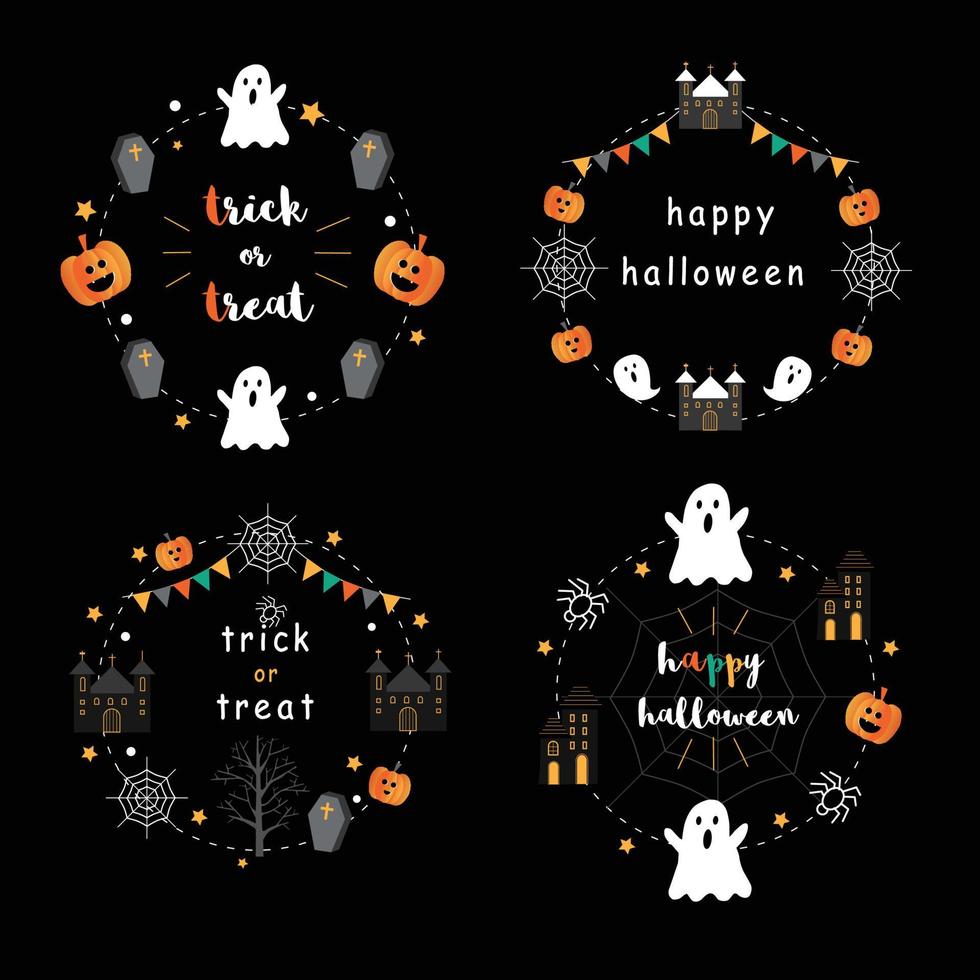 forma de círculo de icono de etiqueta de fiesta de halloween feliz con castillo de casa fantasma, calabazas, fantasma, araña y tumba sobre fondo negro con estrella y silueta árboles muertos ilustración vectorial vector