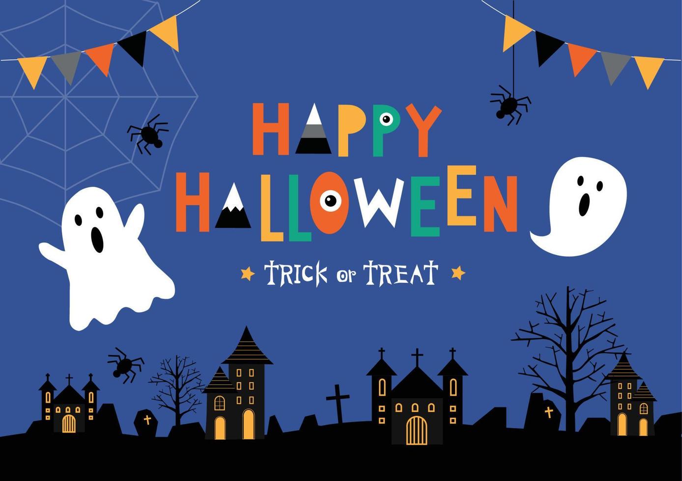 tarjeta de cartel de truco o trato de halloween feliz con castillo de casa fantasma, calabazas, fantasma, araña y tumba en el fondo nocturno con estrella y silueta árboles muertos ilustración vectorial vector